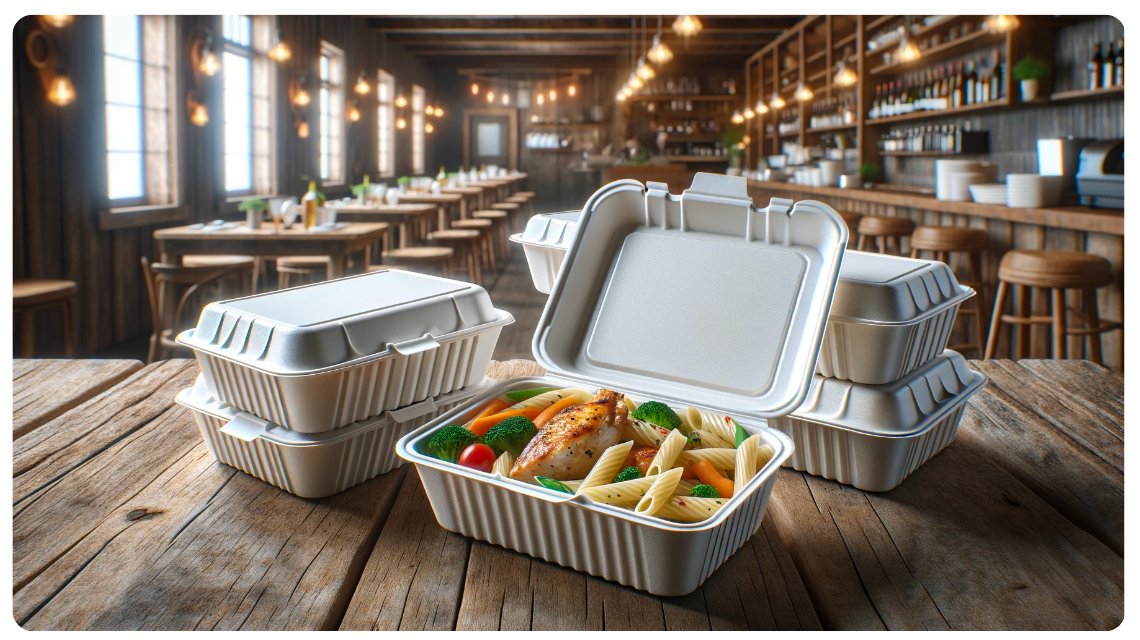 Eco friendly white Microwaveable Container with potato chips fried chicken and broccoli in a yellow background