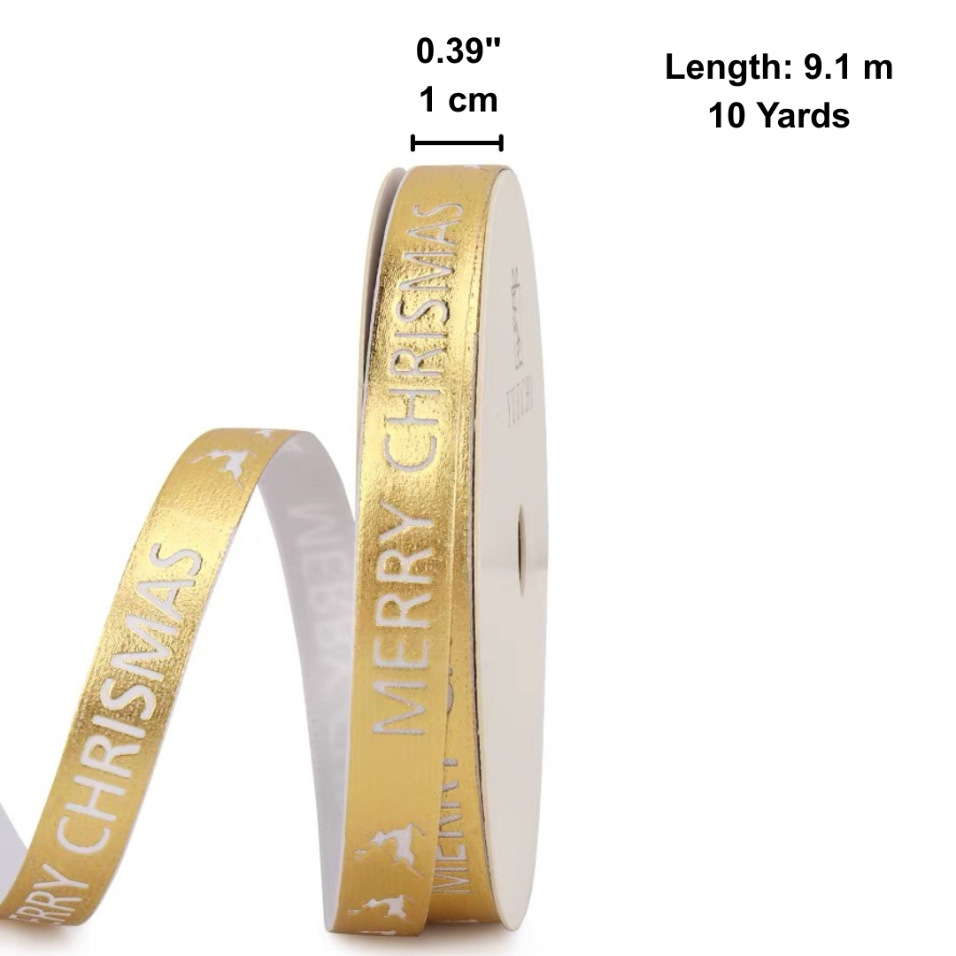 0.39" Golden Merry Christmas Ribbon | 10 Yards - size