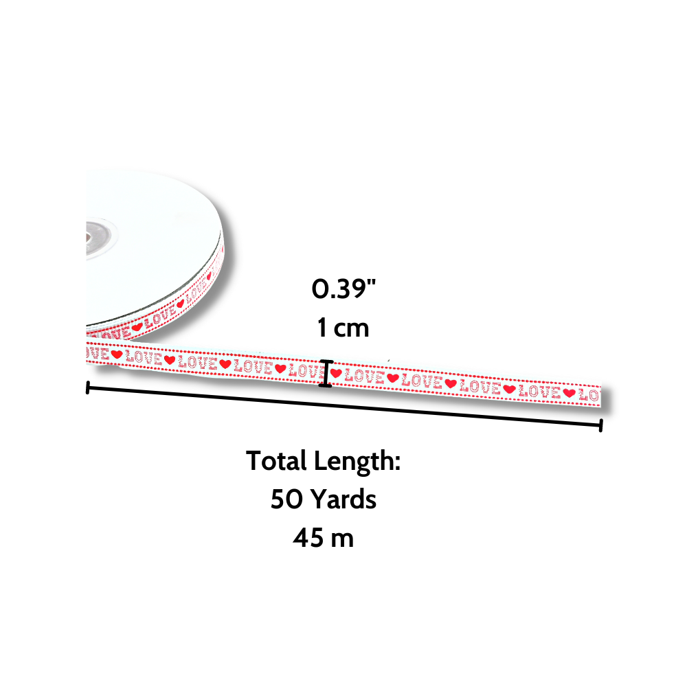 0.39" Love With Red Heart White Fabric Ribbon | 50 Yards - size