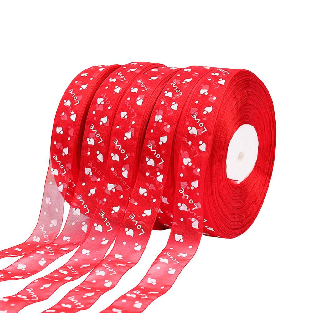 0.79" Love With Heart Red Fabric Ribbon | 50 Yards - 1 Roll
