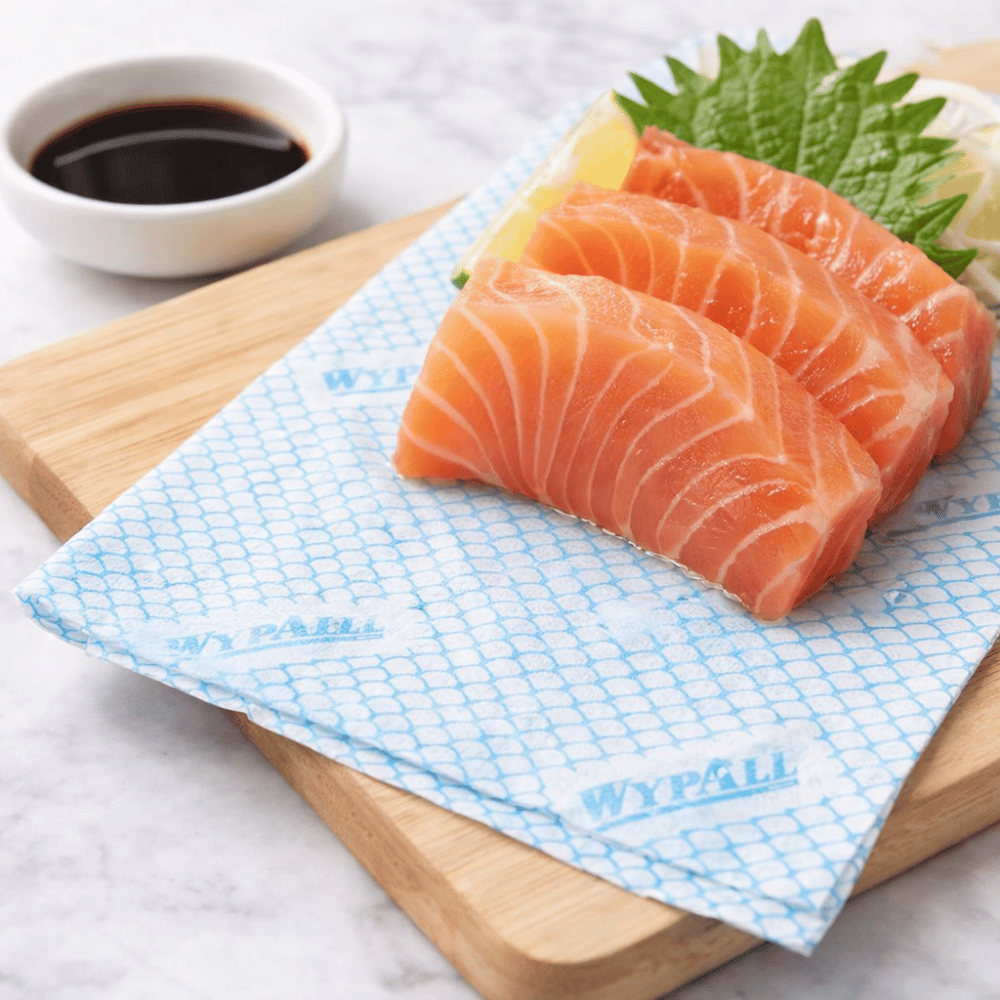 #05927 | 1/4 Fold Blue Foodservice Towels Food-Grade Cleaning Cloths | 23.2x12.2" - with sashimi