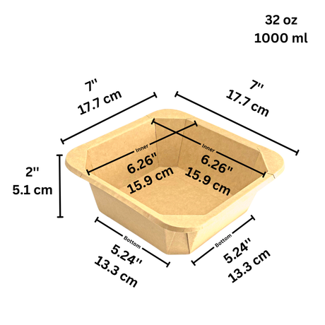 #1000S  32oz Kraft Square Paper Container  159x159mm Top (Base Only) - size