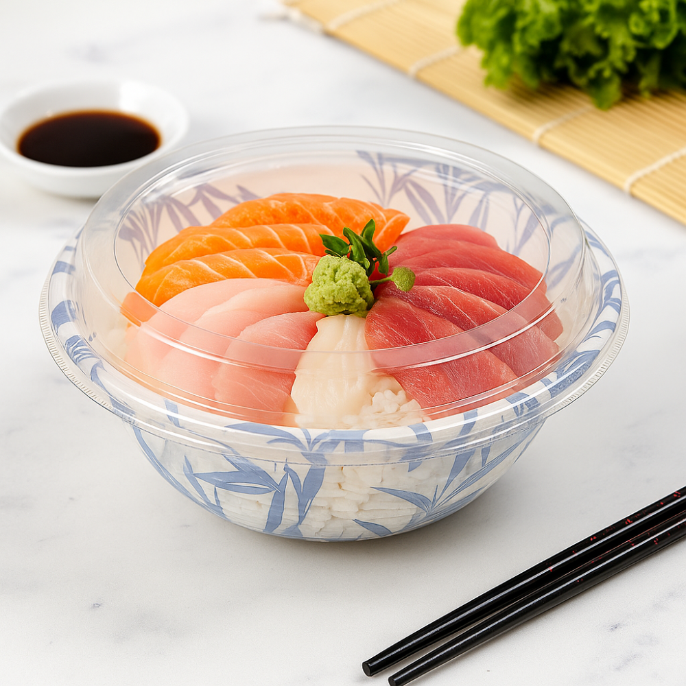 1000_34oz_PP_Blue_Maple_Donburi_Bowl_W_PET_Clear_Lid with sushi