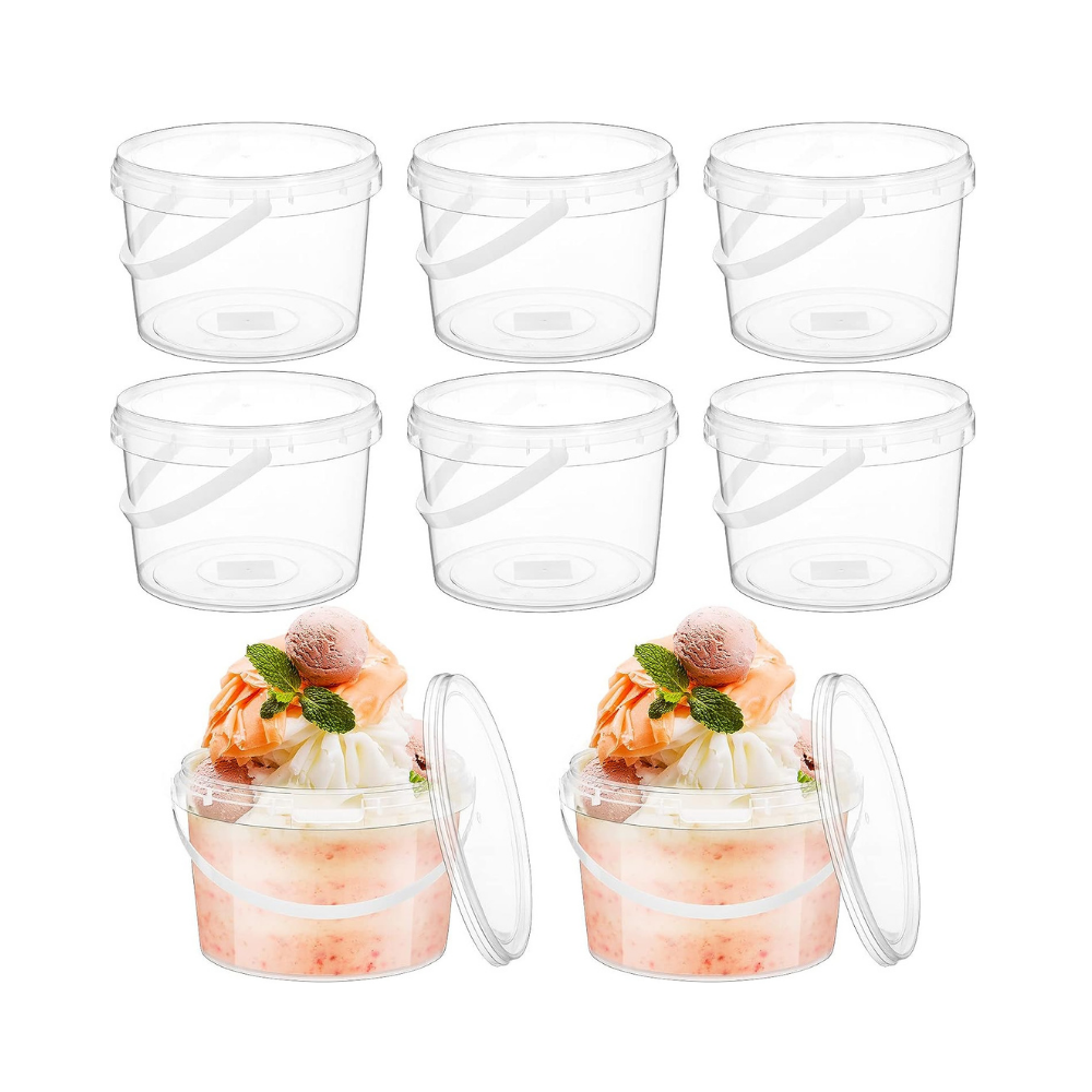 10oz PP Clear Dessert Food Storage Round Bucket W/ Lid & Handle