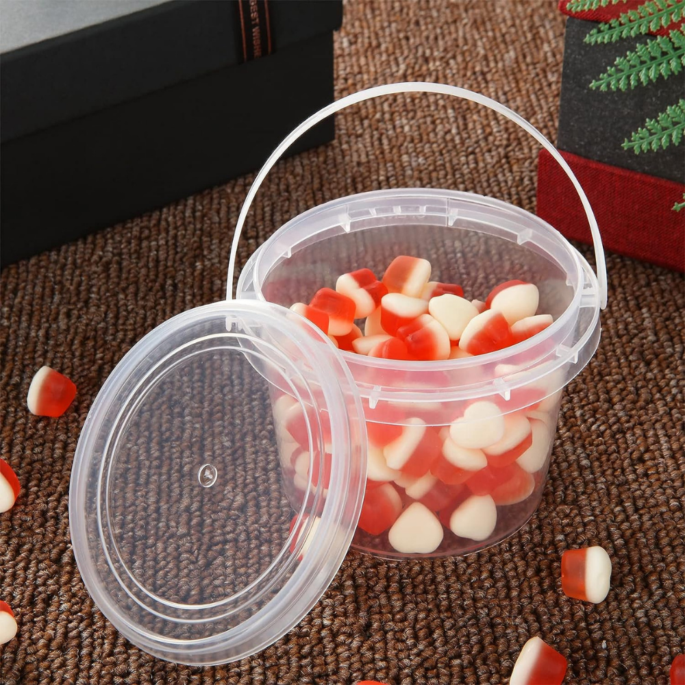 10oz PP Clear Dessert Food Storage Round Bucket W/ Lid & Handle