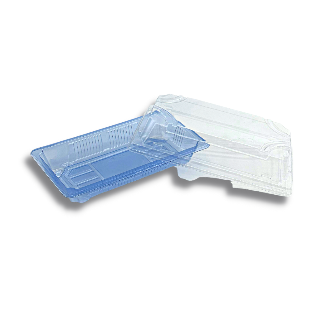 #1101 PET | Plateau à sushi bleu avec couvercle | 5,43x2,48x2" - 600 ensembles
