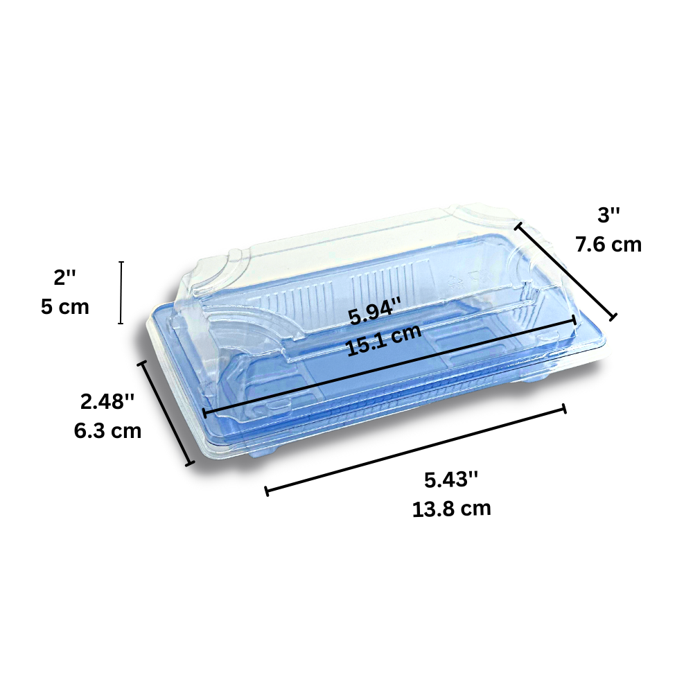 #1101 PET | Plateau à sushi bleu avec couvercle | 5,43x2,48x2" - 600 ensembles