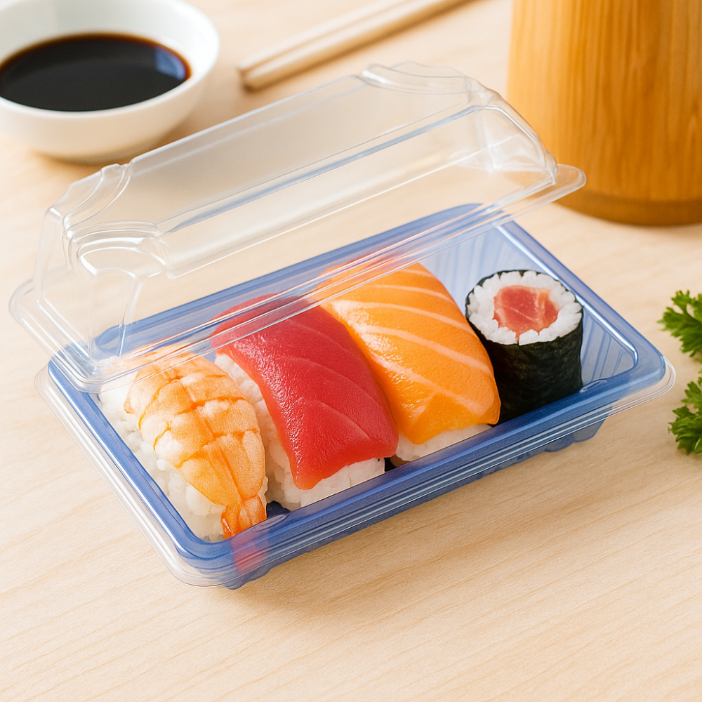 #1101 PET | Plateau à sushi bleu avec couvercle | 5,43x2,48x2" - 600 ensembles