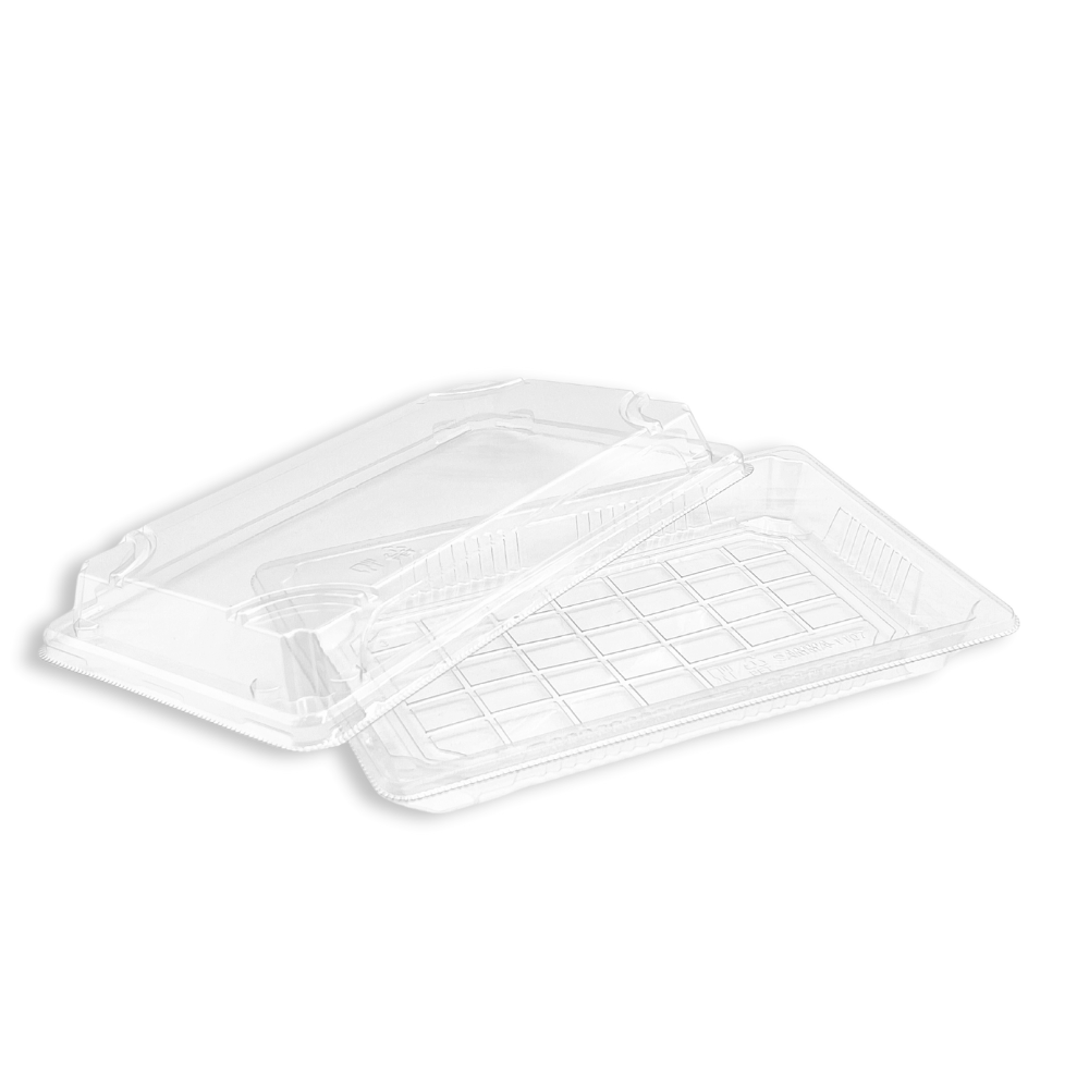 #1107 PET | Clear Sushi Tray W/ Lid | 8.54x5.24x1.65" - open