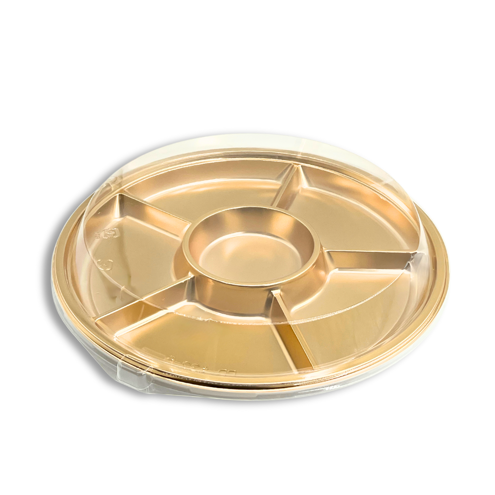 12.4" 6 Compartment Golden Plastic Round Container (Base Only) - With Lid Close