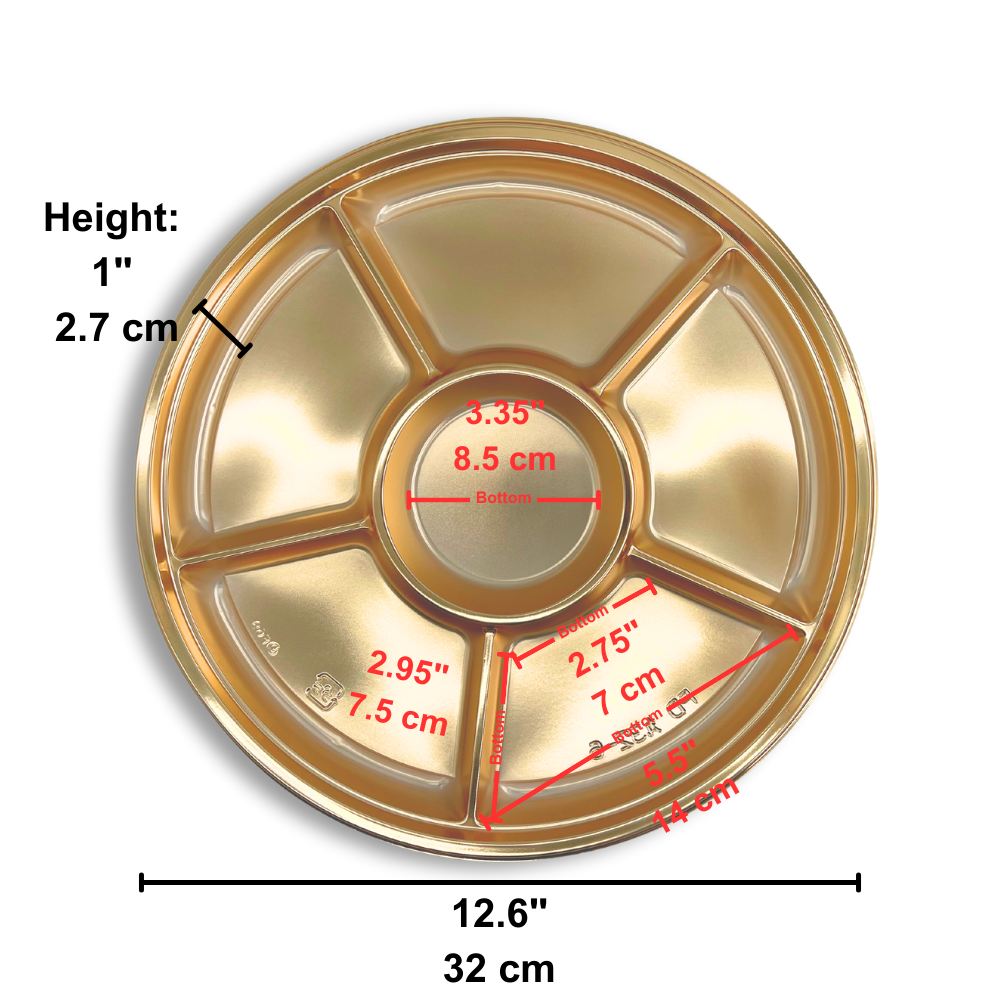 12.4" 6 Compartment Golden Plastic Round Container (Base Only) - size