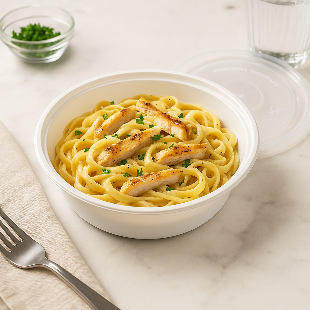 1200P | 40oz Microwaveable PP White Round Bowl (Base Only) with noodles