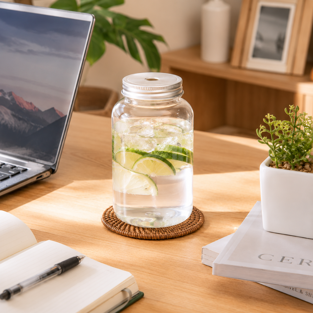 A clear glass mason-jar style water bottle with a silver metal lid sits on a woven coaster on a wooden desk. The bottle is filled with clear water and lime slices, with a laptop, notebook, pen, and small potted plant around it in a warm, sunlit home office setting.