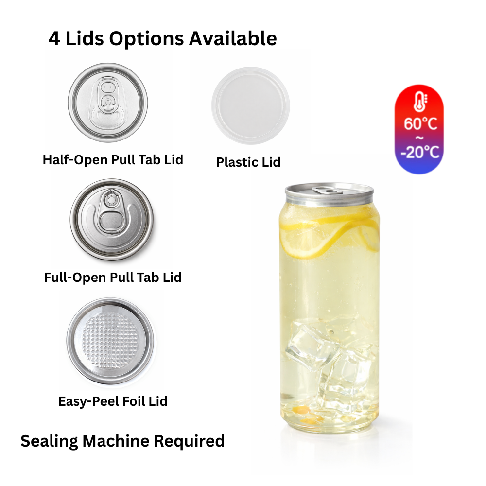 16oz Can-Shaped Clear PET Cup | 55mm Top (Base Only) - 4 lids options