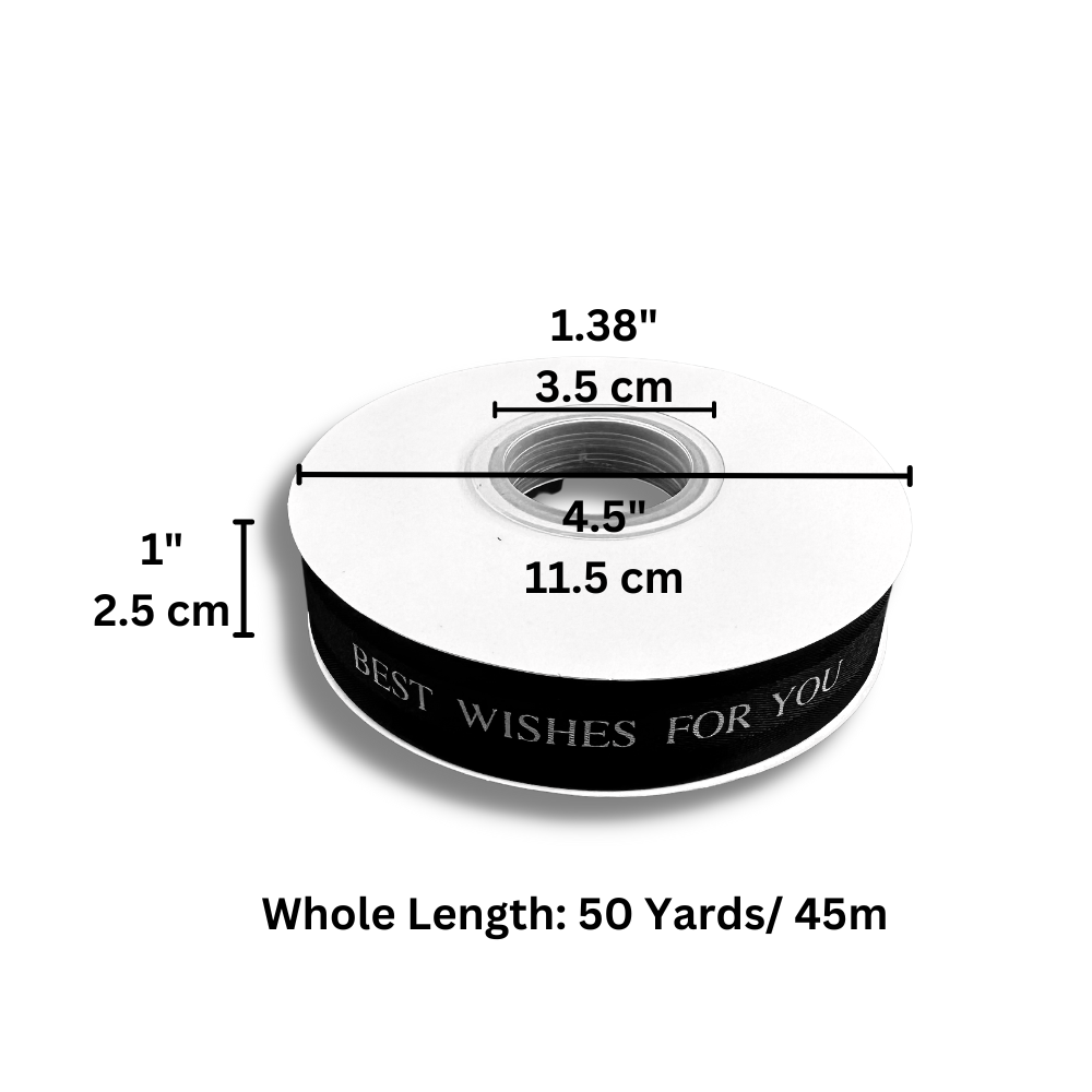 1" Best Wishes For You Black Fabric Ribbon | 50 Yards - Size