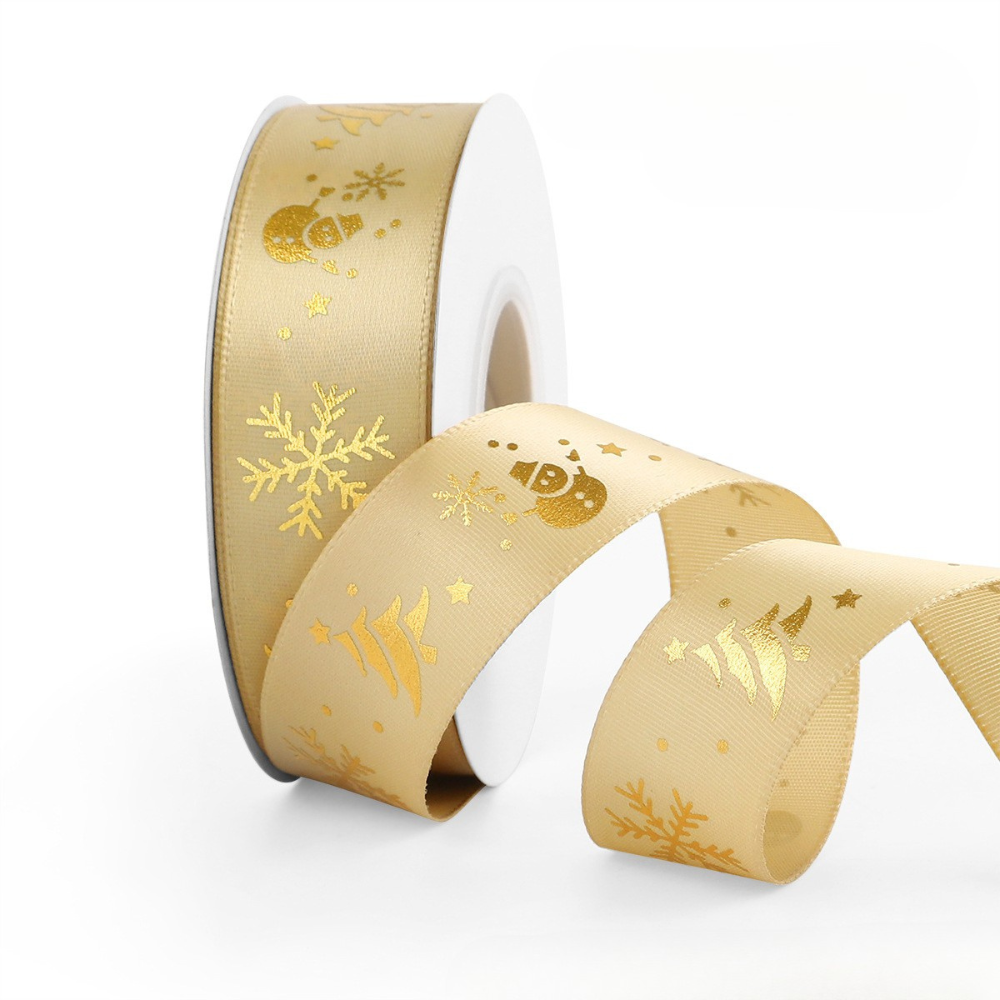 1" Golden Christmas Snowflakes Snowman Ribbon | 25 Yards - 1 Roll