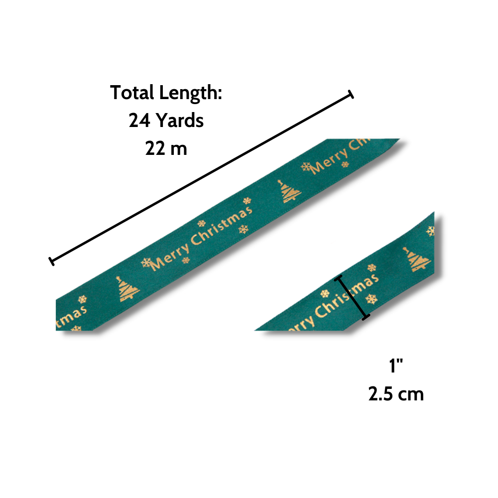 1" Merry Christmas Green Fabric Ribbon | 24 Yards - 1 Roll