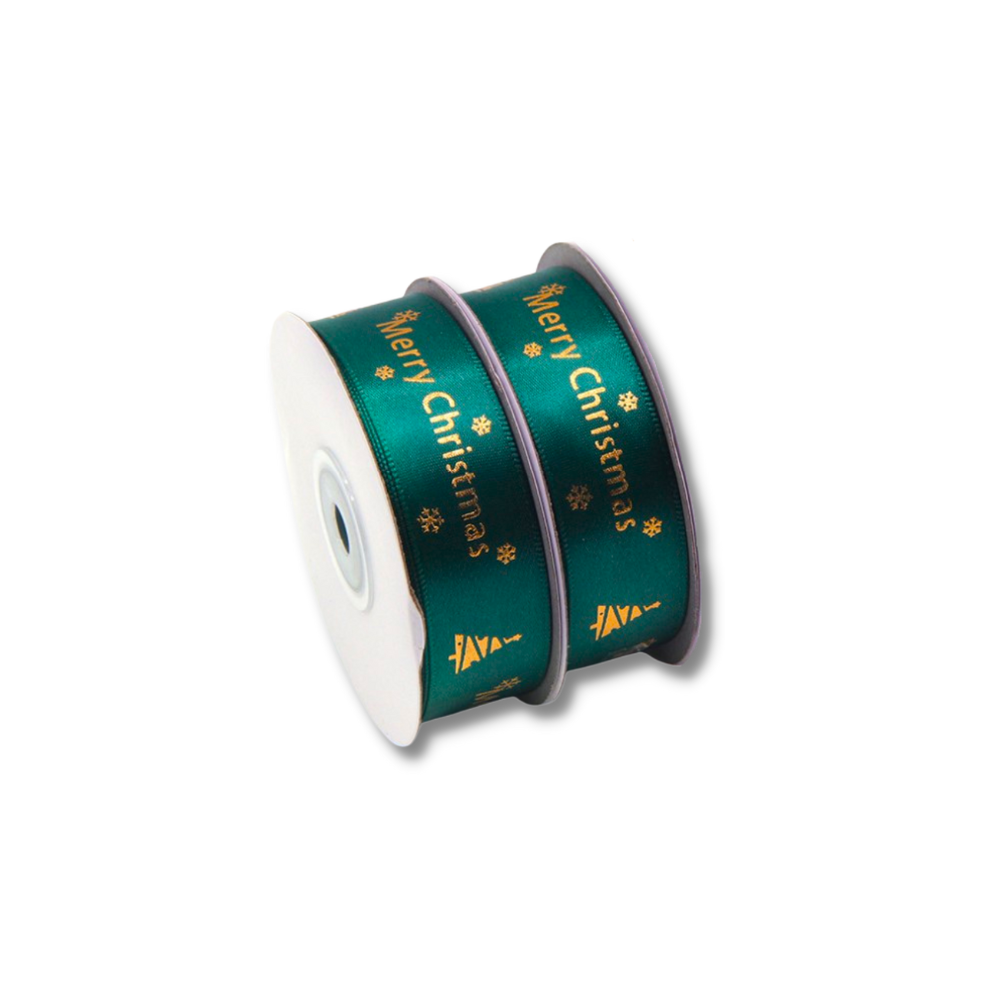 1" Merry Christmas Green Fabric Ribbon | 24 Yards - 1 Roll