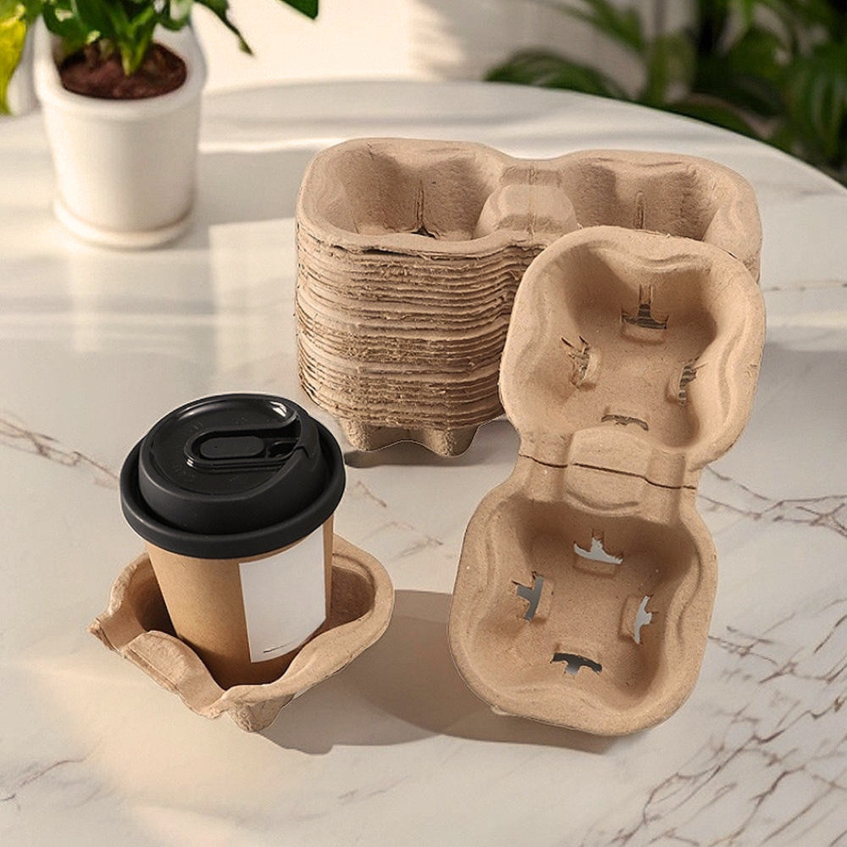 2-Cup Disposable Drink Holders, Biodegradable Paper Pulp Stackable To-Go Trays, Durable Coffee Cup Carrier for Food Delivery Service (21.5x11x4cm)