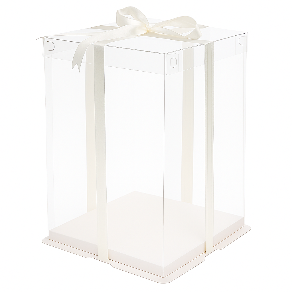 (En stock) Boîte à gâteaux carrée transparente en plastique à trois niveaux de 12 "avec couvercle transparent à base blanche (sans ruban) - 50 ensembles