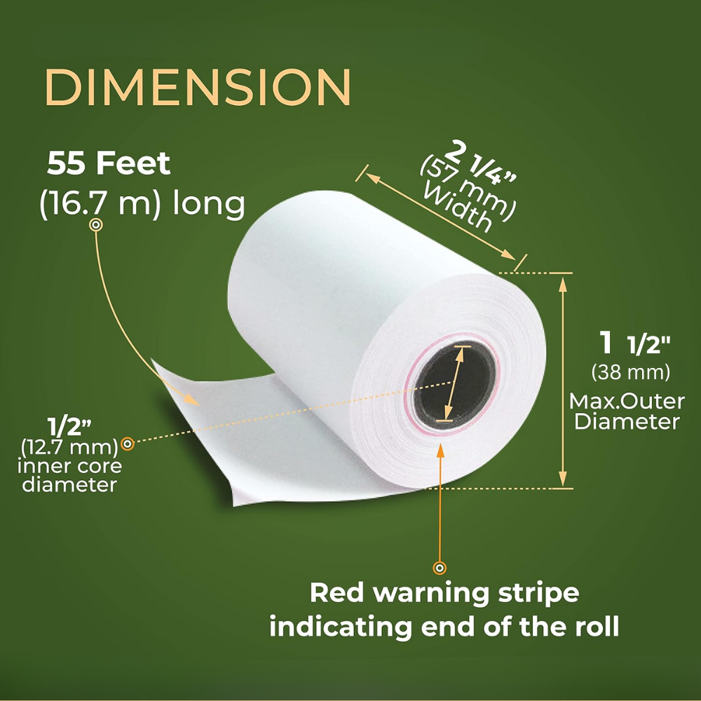 2 1/4" x 55' Thermal Receipt Paper Rolls - size
