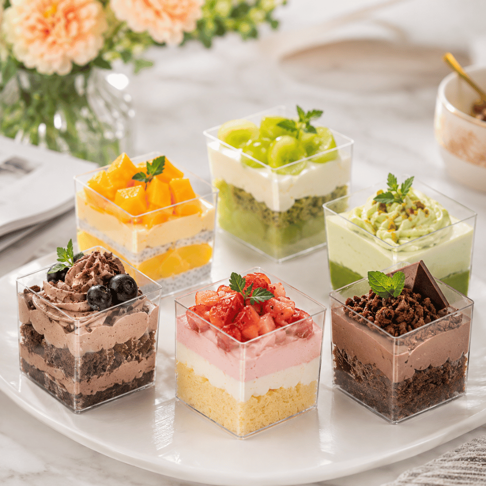 2.4oz Mini Dessert Shooter Cups | Clear Square PS Parfait Cup - with dessert