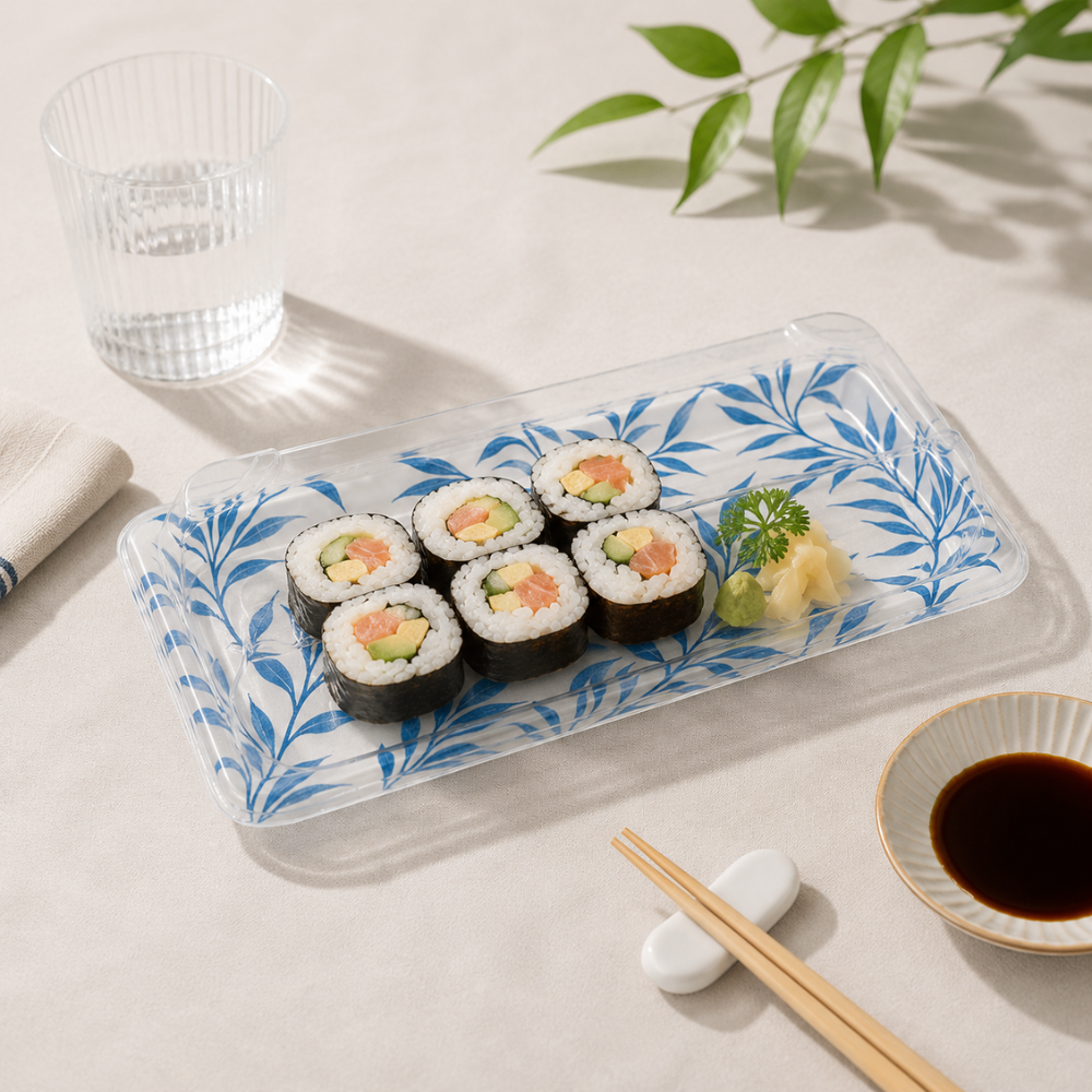 WP-02 | PET Blue Maple Pattern Sushi Tray W/ Lid | 8.66x3.54x1.77"