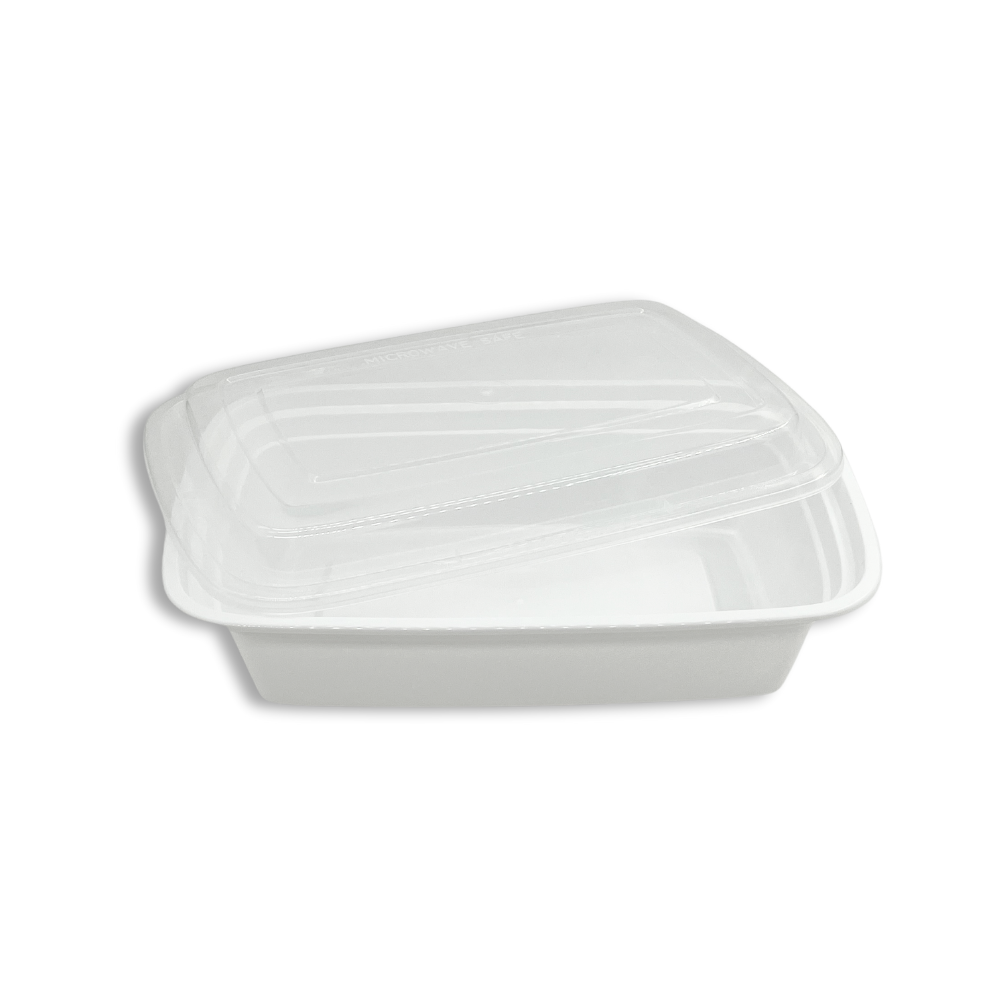 F-9638 | TD 38oz Microwaveable PP White Rectangular Container W/ Lid