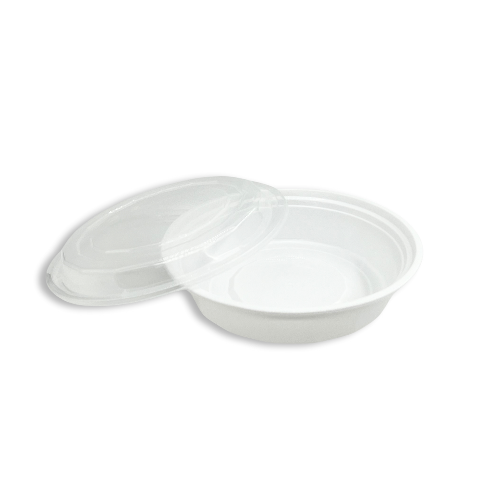 F-7024 | Récipient rond blanc TD en PP de 24 oz avec couvercle (sans trou) - 150 ensembles