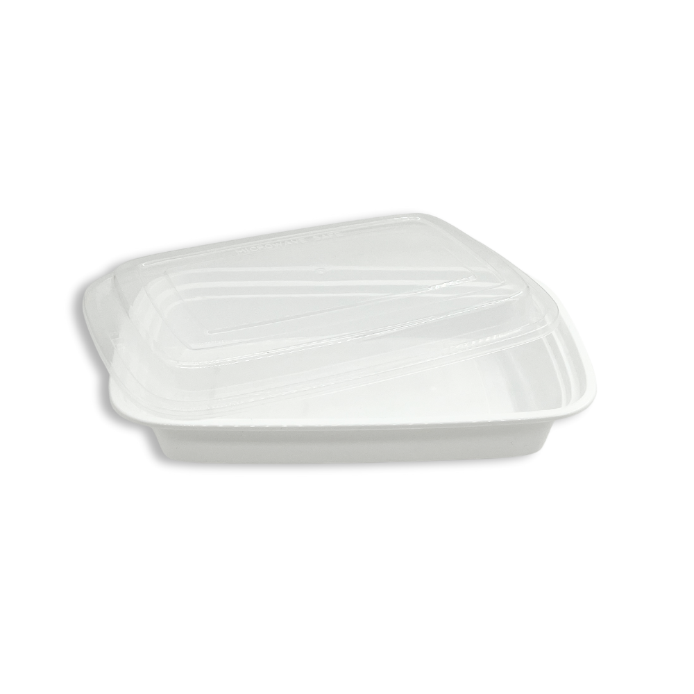 F-9628 | TD 28oz Microwaveable PP White Rectangular Container W/ Lid