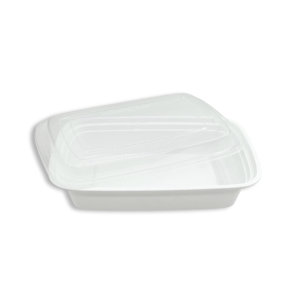 F-9632 | Conteneur rectangulaire blanc en PP micro-ondable TD de 32 oz avec couvercle - 150 ensembles