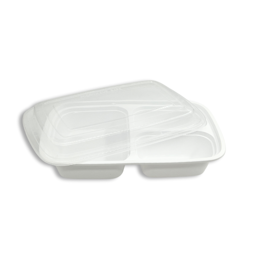 F-96326 | TD 26oz PP White Rectangular Container W/ Lid | 3 Compartment