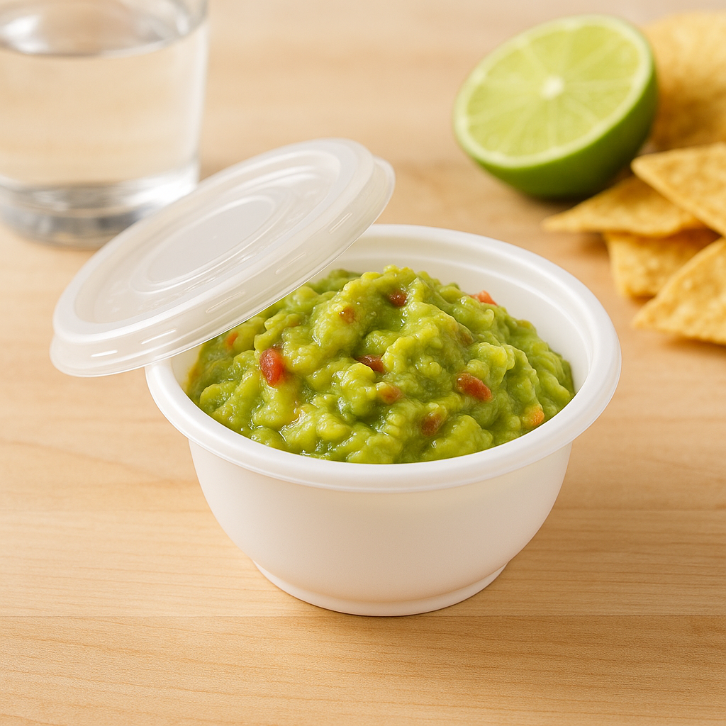 400FBM | 14oz Microwaveable PP White Round Bowl (Base Only) with guacamole sauce