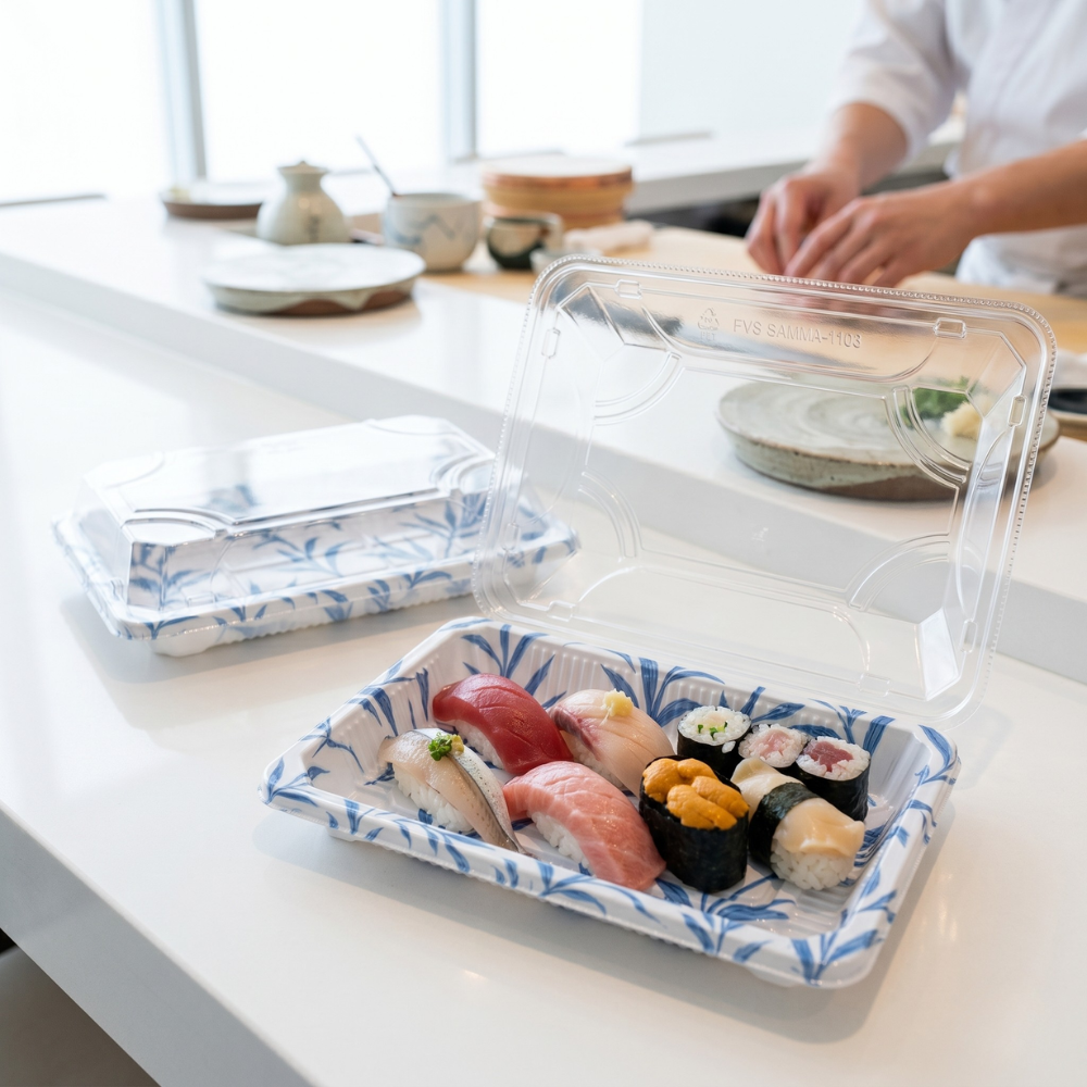 #1103 Leaf Pattern PET Sushi Tray w/PET Lid 6.5x4.53x1.89"