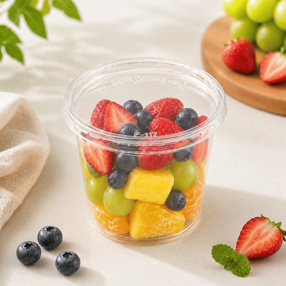 53244 | 24oz PET Clear Round Salad Container Dessert Cup | 117mm Top - with flat lid