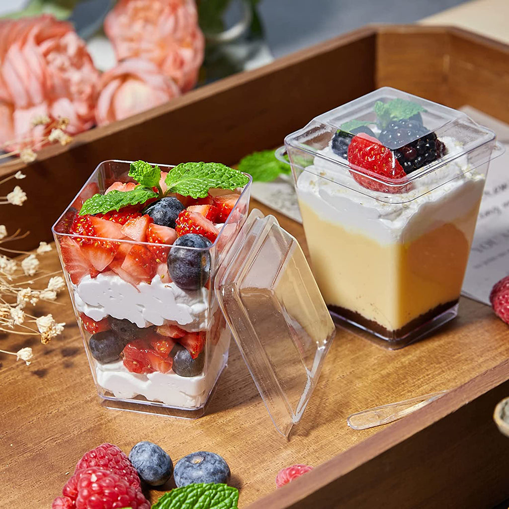 5oz Clear Trapezoid Mousse Cup W/ Lid - with food