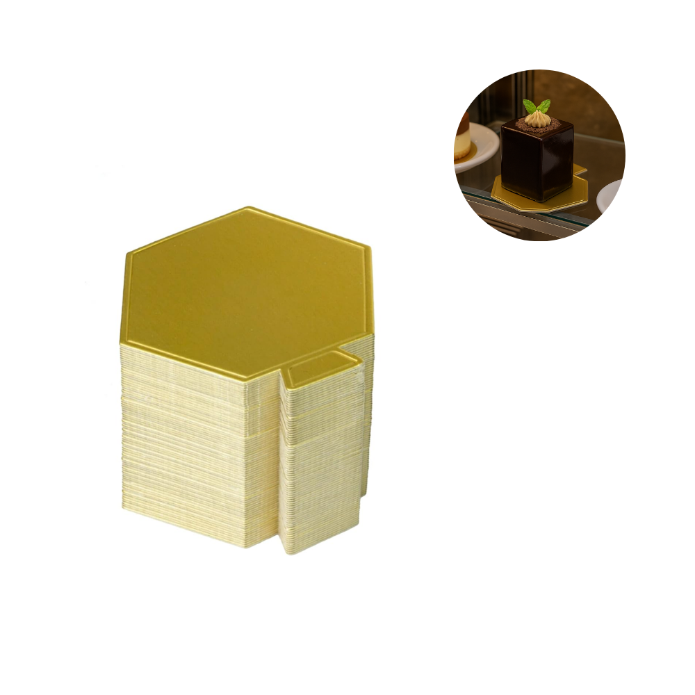 610014 | 3.54x3.54" Golden Hexagon Cake Paper Pad W/ Handle-100 Pcs