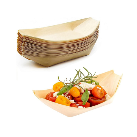 6" Pine Wooden Boat Shaped Sushi Dessert Serving Plate - 50 Pcs