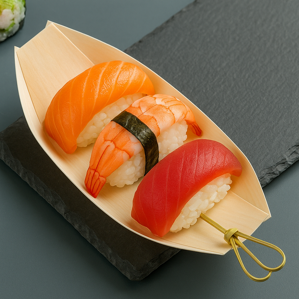 6" Pine Wooden Boat Shaped Sushi Dessert Serving Plate - with sushi