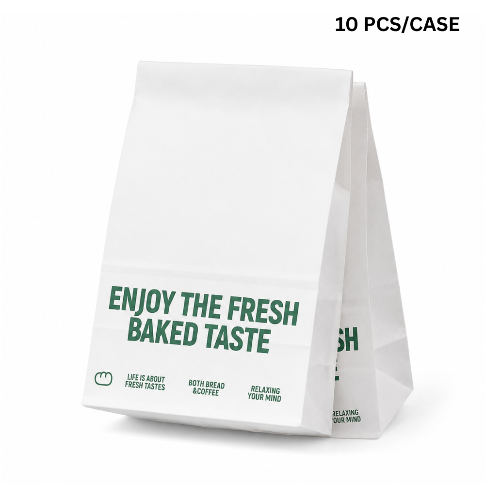 White paper bag with green text on a white background