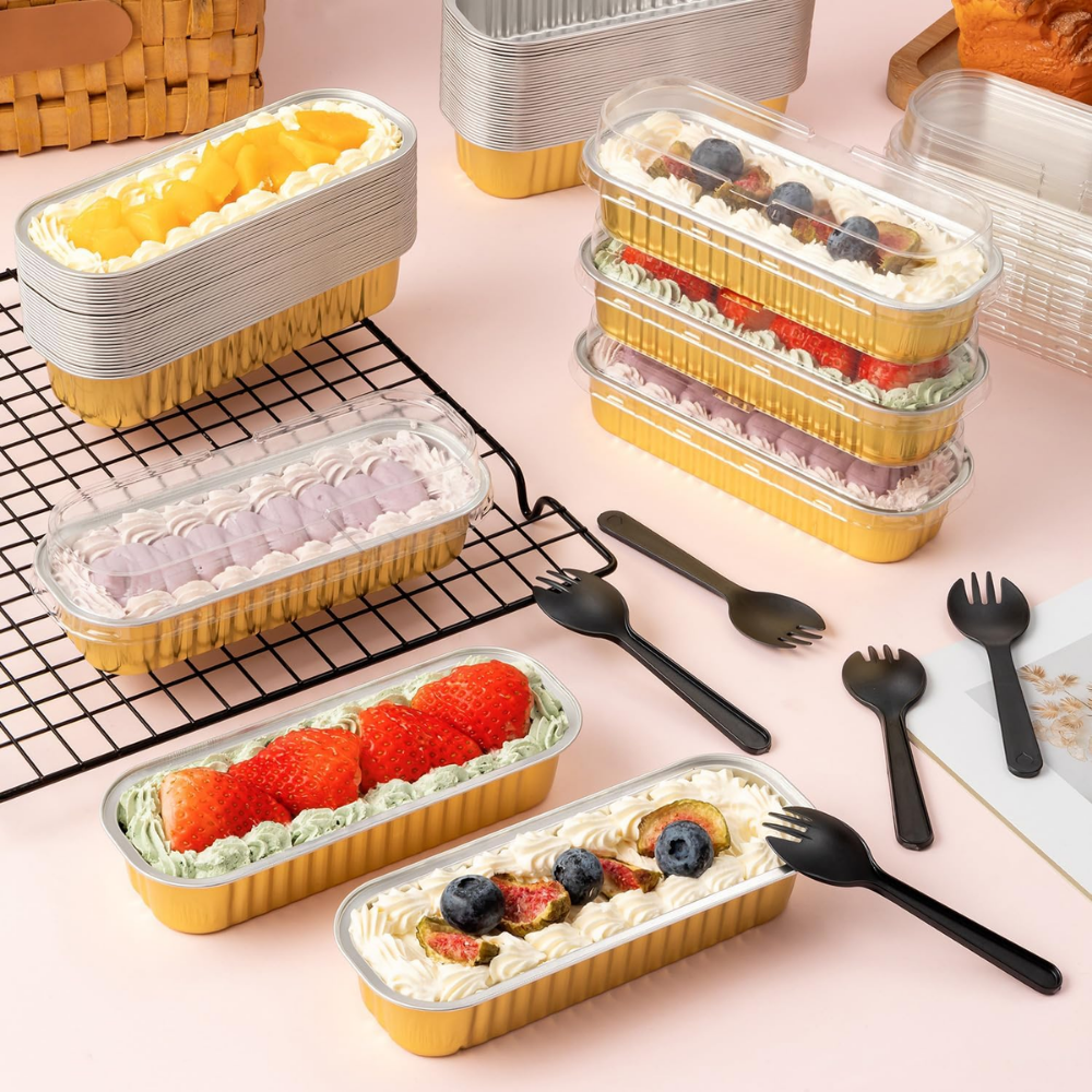 6oz Golden Aluminum Foil Mini Loaf Baking Pan W/ Clear High Lid - withe cake