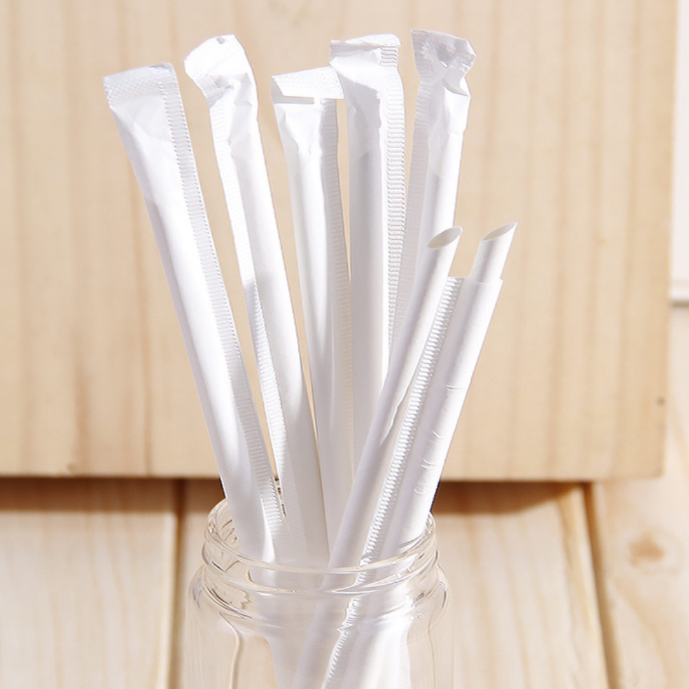 6x210mm diagonal cut white paper straws, eco-friendly biodegradable straws for drinks - individually wrapped 5000 pcs bulk pack
