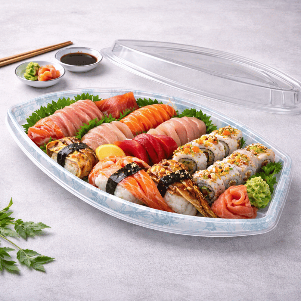 #7103 PET | Blue Maple Pattern Boat Sushi Tray W/ Lid | 18.3x9.25x2.75" - with sushi