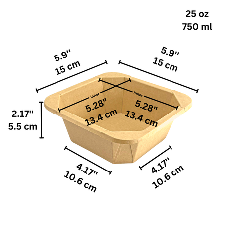 #750S | 25oz Kraft Square Paper Container | 134x134mm Top (Base Only) - size