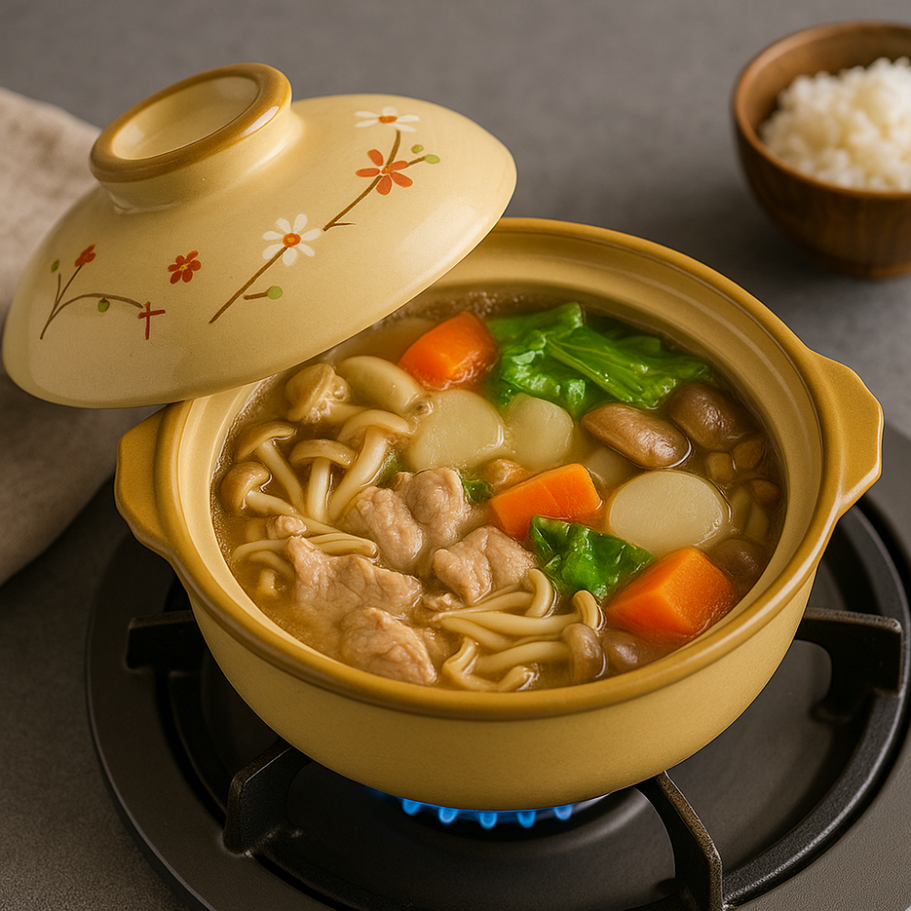 #774149 | 7.5" Shallow Clay Sand Pot | Donabe Hotpot for Stove & Oven-with food