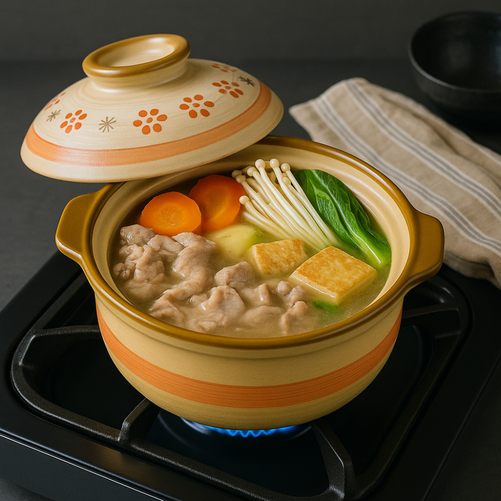 774164 | 7.5" Deep Clay Sand Pot | Donabe Hotpot for Stove & Oven - with food