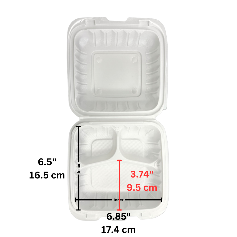 #783 | PP Square Clamshell Container W/ Hole | 3 Compartment | 7.8x7.8x2.83" - open
