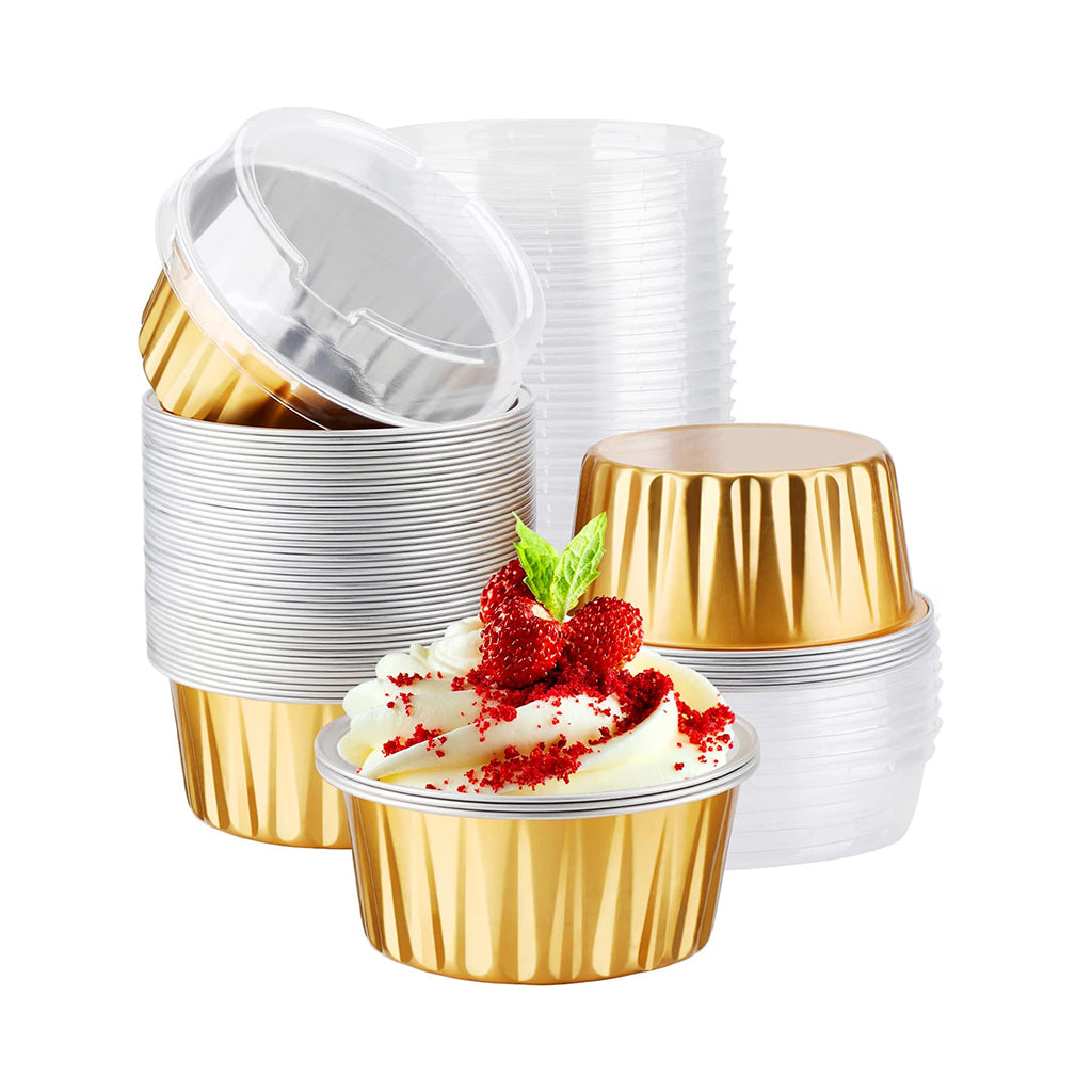 Tasse de cuisson en papier d'aluminium doré de 7 oz avec couvercle haut transparent - 200 ensembles