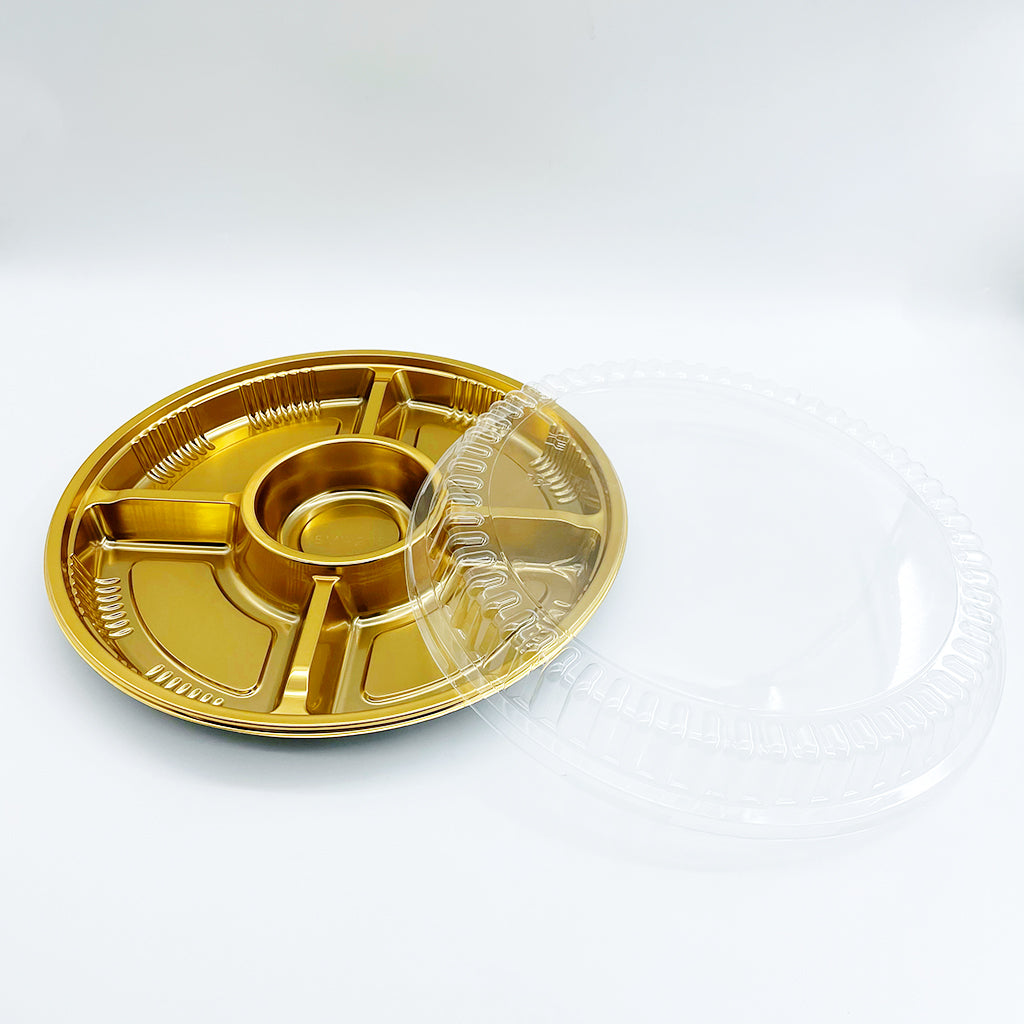 #2119 | 12" 5 Grid Golden Plastic Round Container W/ Clear Lid - 100 Sets - HD Bio Packaging
