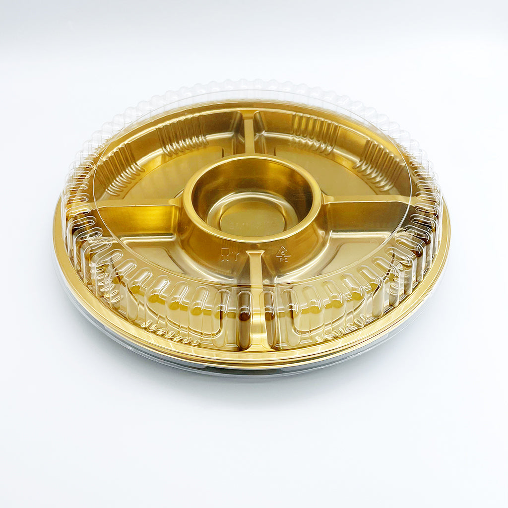 #2119 | 12" 5 Grid Golden Plastic Round Container W/ Clear Lid - 100 Sets - HD Bio Packaging
